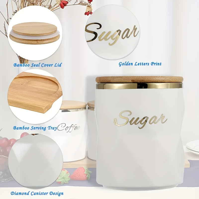 Juego de 3 Tarros Cerámicos con Borde Dorado y Etiquetas Grabadas, Bandeja de Madera - Almacenamiento Elegante para Azúcar, Café, Té - Ideal para Oficina y Cocina
