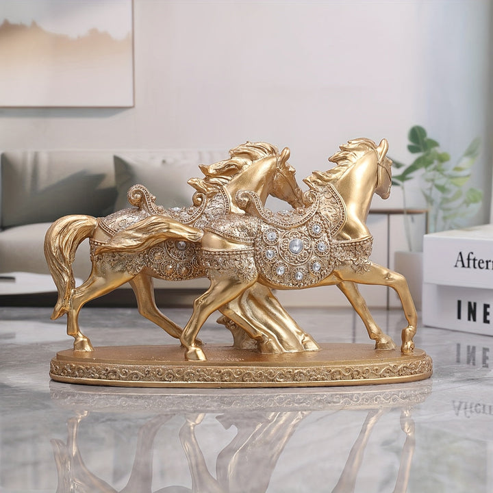 Estatuilla de Doble Caballo Dorado TY - Escultura de Resina Estilo Europeo con Cristales, Decoración para Interiores/Exteriores en Sala de Estar u Oficina, Arte Mural de Caballos sin Necesidad de Electricidad, Base Resistente