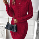 Vestido de Punto de Cable Elegante para Mujer - Cuello Alto Chic, Manga Larga, Vestido de Poliéster Negro Sólido con Diseño de Cuerda Texturizada, Perfecto para Otoño e Invierno