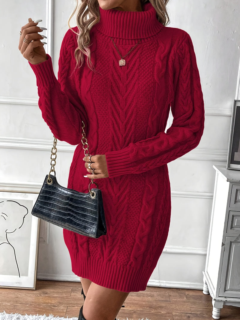 Vestido de Punto de Cable Elegante para Mujer - Cuello Alto Chic, Manga Larga, Vestido de Poliéster Negro Sólido con Diseño de Cuerda Texturizada, Perfecto para Otoño e Invierno
