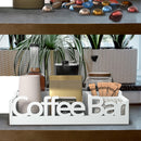 Organizador rústico de madera para barra de café, estación rectangular vintage para mostrador para accesorios, soporte para cápsulas y jarabe con tapa abatible no impermeable, decoración multiusos para barra de café estilo granja.