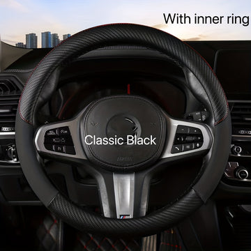 Funda de Volante de Fibra de Carbono Negro y Rojo con Anillo Interior - Cuero PU Antideslizante para Todas las Estaciones, Diseño Deportivo Elegante para Mayor Agarre y Comodidad