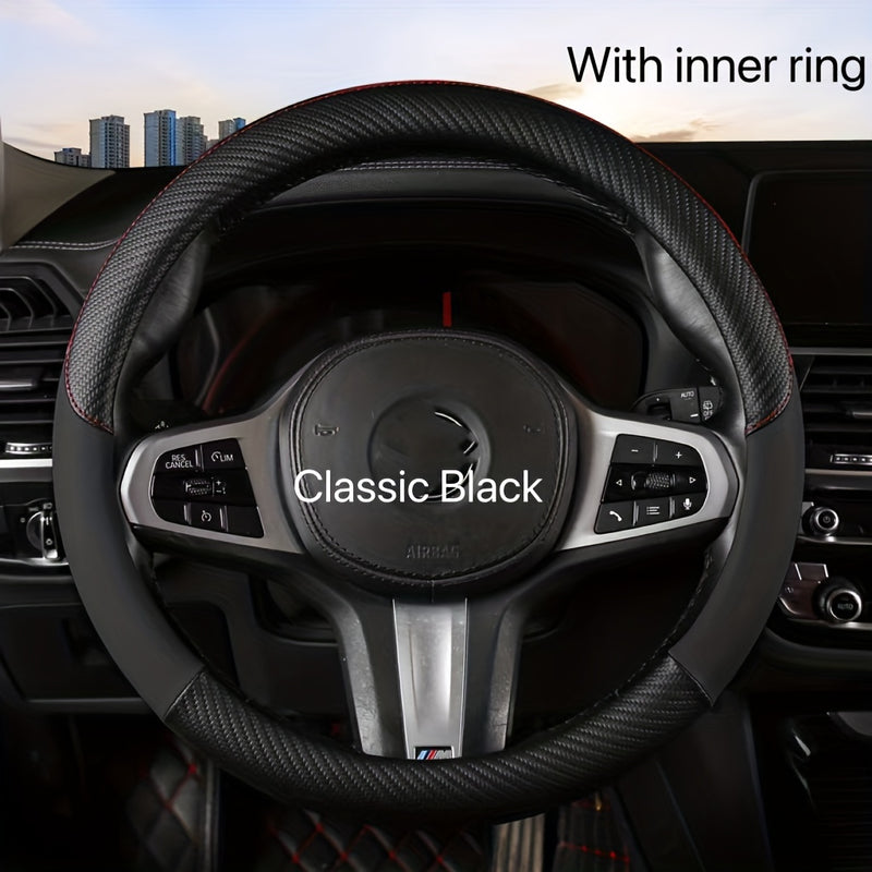 Funda de Volante de Fibra de Carbono Negro y Rojo con Anillo Interior - Cuero PU Antideslizante para Todas las Estaciones, Diseño Deportivo Elegante para Mayor Agarre y Comodidad