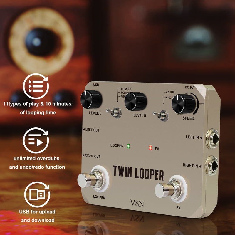 VSN TWIN LOOPER Pedal de efectos de guitarra, True Bypass, señal analógica de alta calidad, alimentado por USB, con bucle de 10 minutos, sobrescritura infinita y deshacer, controles de velocidad y reversa, función de bucle dual, interfaz de botón y peril