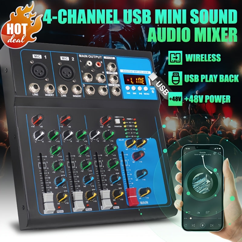 Consola mezcladora profesional NXG de 4 canales con efecto DSP, USB/MP3 para presentaciones en vivo, karaoke y transmisiones, cuerpo de aleación, operación con fuente de alimentación, enchufe para 110-130V