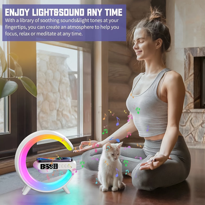 Lámpara de escritorio RGB moderna con carga inalámbrica, altavoz inalámbrico, brillo ajustable, múltiples modos de iluminación, reloj despertador y reproducción de tarjeta TF – Alimentación por USB, diseño elegante en blanco para dormitorio o estudio, ac