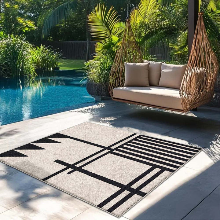 7 Estrellas Cérvolos Alfombra Ultra-Suave Geométrica para Exteriores - Antideslizante, Lavable en Máquina, Poliéster Duradero para Patio, Camping y Decoración del Hogar - Diseño Elegante de Rayas Negras y Blancas, Tamaños Variados Disponibles, Alfombra d
