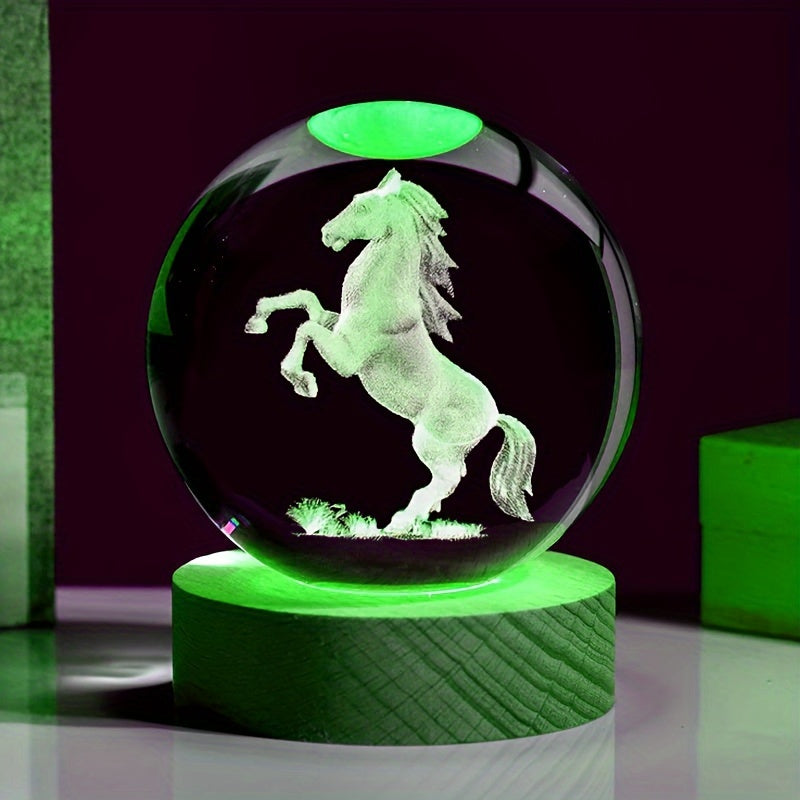 1 Pieza, Cristal Con Diseño De Caballo Grabado Con Láser 3D Con Base De Luz LED De Madera, Adorno De Decoración Del Hogar, Bola De Cristal De Luz Nocturna