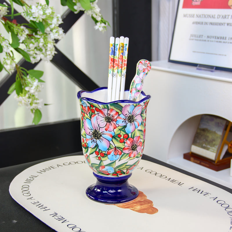 Organizador de Utensilios de Cocina Cerámico 1pc - Portapalillos Color Polaco, Diseño Floral Pintado a Mano - Contenedor Multifuncional Resistente al Óxido para Cubiertos, Cucharas, Palillos, etc. - Ahorra Espacio, Material Duradero