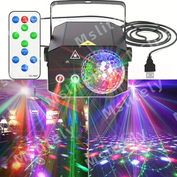 Luz de escenario de fiesta de bolas mágicas de láser 3 en 1 de MSLITELY con alimentación USB, luces LED y rayos de colores - Cuerpo de metal duradero, control remoto, 36V seguro para el hogar, clubes, bodas, eventos, iluminación de eventos, iluminación v