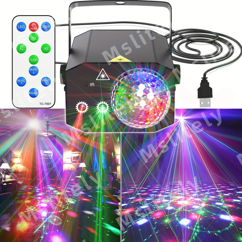 Luz de escenario de fiesta de bolas mágicas de láser 3 en 1 de MSLITELY con alimentación USB, luces LED y rayos de colores - Cuerpo de metal duradero, control remoto, 36V seguro para el hogar, clubes, bodas, eventos, iluminación de eventos, iluminación v
