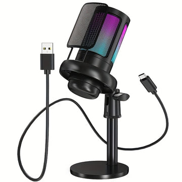 Micrófono de condensador USB, micrófono de condensador con función de silencio rápido, indicador RGB, botón giratorio de ganancia, para grabación vocal de podcasts, transmisiones en vivo y juegos
