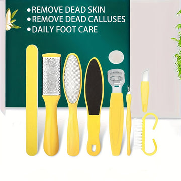 Juego de pedicura profesional de 9 piezas: juego de cuidado de pies de acero inoxidable con eliminador, raspador de talón y dedo - Amarillo