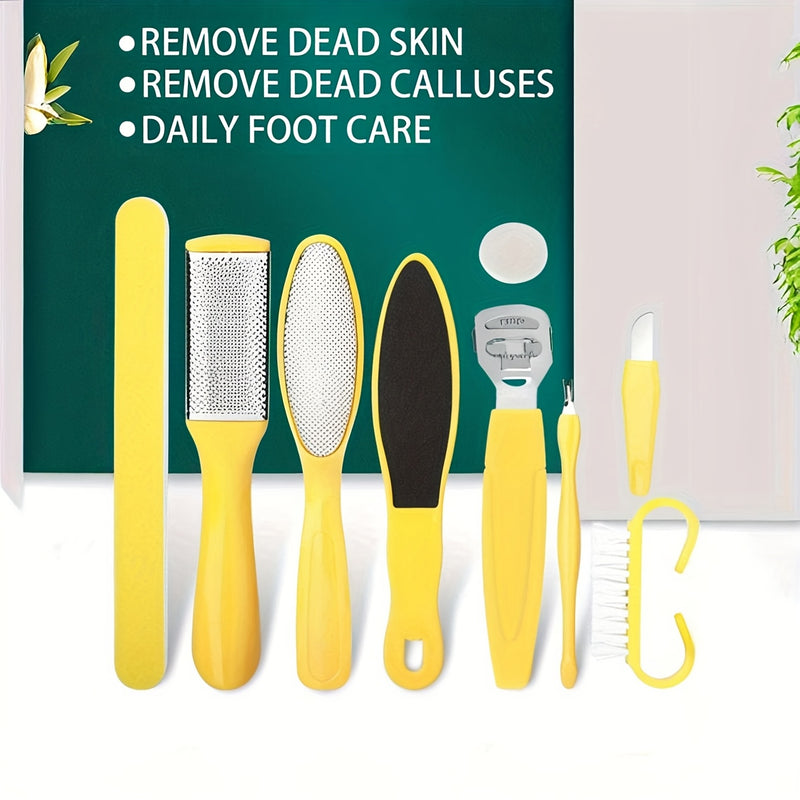 Juego de pedicura profesional de 9 piezas: juego de cuidado de pies de acero inoxidable con eliminador, raspador de talón y dedo - Amarillo