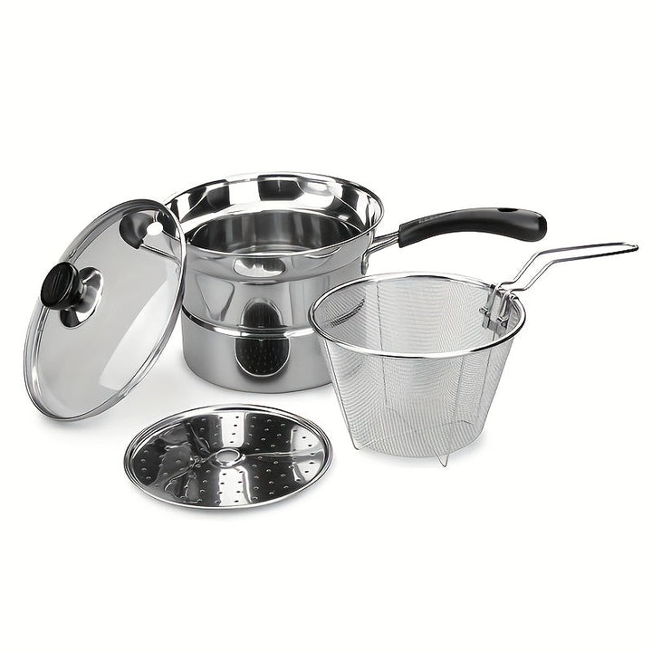 Juego de cocina de acero inoxidable SENBOWE 3-en-1 - Olla multiusos duradera con cesta de freír profunda, inserto de vapor y tapa de vidrio ventilada - Cocina versátil para freír, cocinar al vapor y cocinar