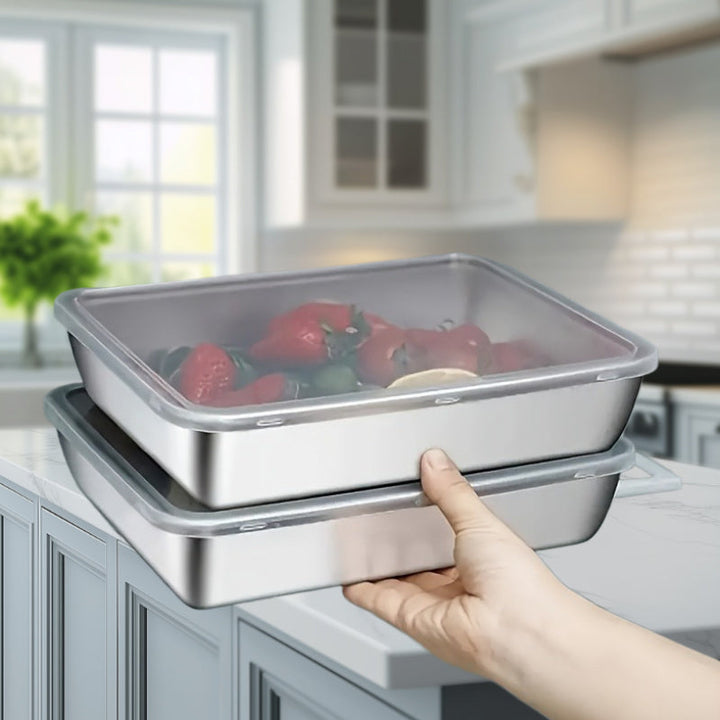 3/6 Recipiente de Almacenamiento de Comida Duradero en Acero Inoxidable - Hermético, Libre de BPA, Apto para Microondas y Refrigerador, Irrompible, Caja Rectangular Multifuncional con Tapa Abatible, Ideal para Nevera y Despensa