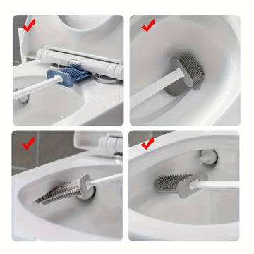 Cepillo de baño de silicona montado en la pared y juego de cepillo de mango largo ergonómico - Diseño antiadherente, fácil de limpiar para un baño higiénico, Kit de limpieza de baño | Decoración de baño elegante | Diseño ergonómico
