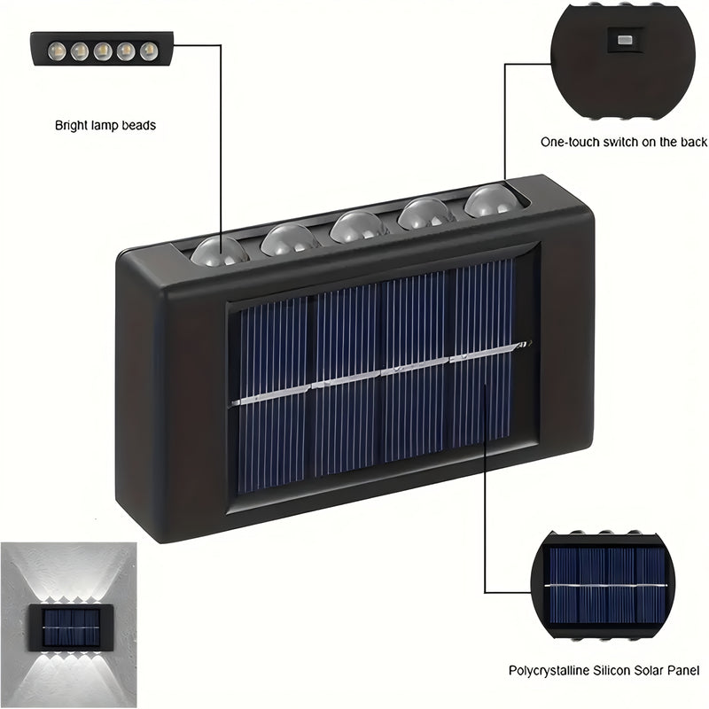 4/6/8 piezas, luz de pared solar de 10 LED, luz de atmósfera de iluminación exterior, luz decorativa de pared exterior, luz de paisaje LED para el hogar IP44, adecuada para exteriores, patio, villa, valla, balcón, terraza, jardín.