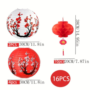 Kit de Decoraciones para Fiestas Japonesas y Chinas de 16 Piezas - 6 Linternas Japonesas y 10 Linternas Chinas Rojas para Año Nuevo, Festival de Primavera, Boda, Fiesta, Ocasión de Boda, Ocasión de Despedida de Soltera, Ocasión Universal