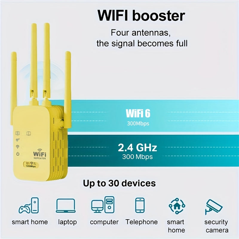 Amplificador de WiFi de 1200 Mbps - Repeater/Routers de Internet inalámbrica, cobertura de hasta 10,000 pies cuadrados, libre de interferencias, adecuado para noches de juegos familiares y celebraciones al aire libre - Enchufe de EE. UU., regalo perfecto