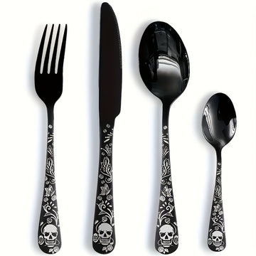 Juego de cubiertos de acero inoxidable con diseño gótico de calavera y rosa, 4/16/24 piezas, cuchara, tenedor, cuchillo, pulido espejo, ideal para regalos de Halloween, Navidad, Pascua y Hanukkah