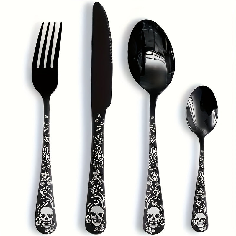 Juego de cubiertos de acero inoxidable con diseño gótico de calavera y rosa, 4/16/24 piezas, cuchara, tenedor, cuchillo, pulido espejo, ideal para regalos de Halloween, Navidad, Pascua y Hanukkah