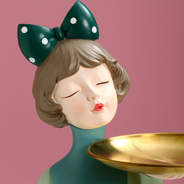 Porta Llaves de Resina Moderno y Elegante con Bandeja - Decoración de Entrada de Lujo Ligero y Elegante, Figura Femenina de Piel Verde con Lazo de Lunares Negros, Ideal para Exhibición en el Hogar y Sala de Estar