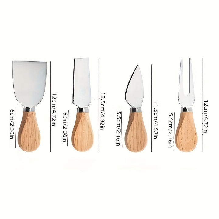 Juego de 4 cuchillos para queso de acero inoxidable con mangos de roble, utensilios para servir pizza de queso, vajilla de cocina y comedor, caja de regalo incluida.