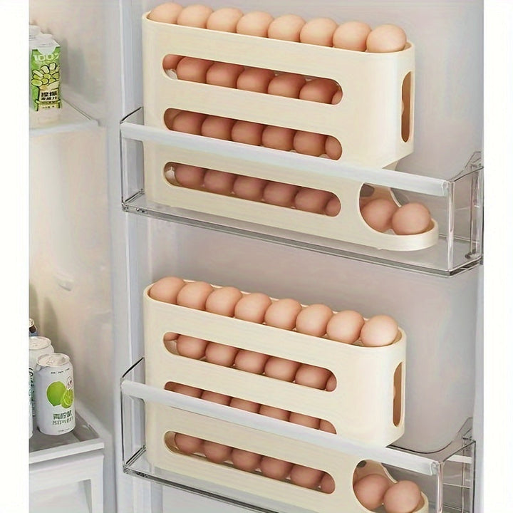 Caja de Almacenamiento de Huevos de 4 Niveles con Deslizamiento - Gran Capacidad, Diseño Automático para Puerta Lateral de Refrigerador - Plástico Duradero, Organizador de Cocina Seguro para Alimentos