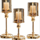 Juego de 3 Portavelas Elegantes de Vidrio y Metal Dorado - Acero Inoxidable, Cena Romántica y Diseño de Mesa para Decoración del Hogar
