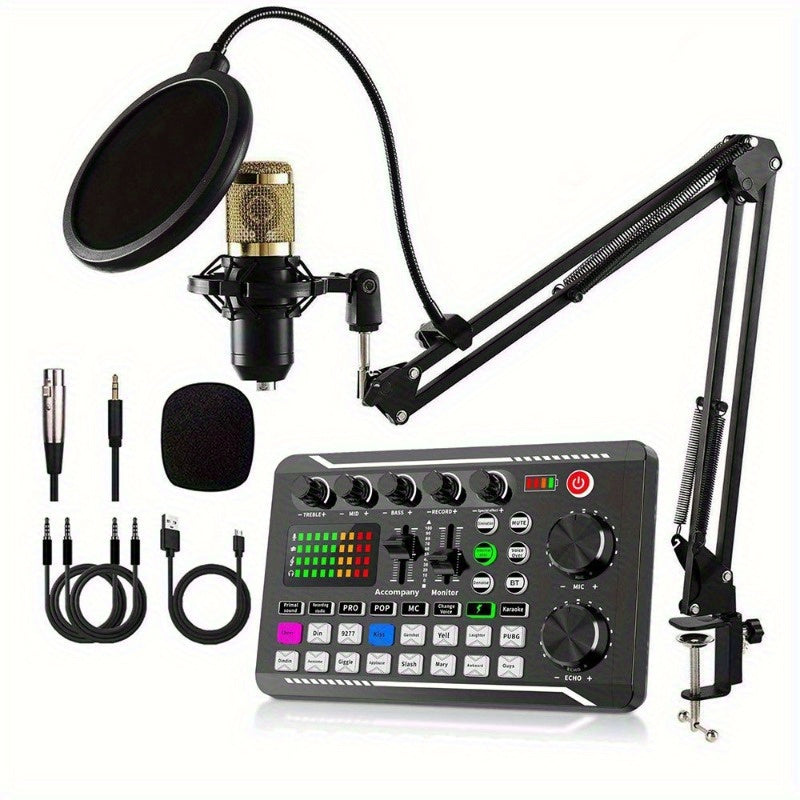 Set profesional de mezcladora de audio F998, estudio de podcast integrado, incluye micrófono condensador de alta calidad con soporte, alimentación dual USB/batería, compatible con PC, laptop y smartphone para grabación de juegos, transmisión en vivo y ex