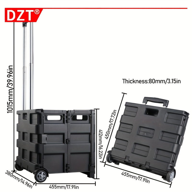 Carrito de almacenamiento plegable DZT ultra delgado con mango telescópico, organizador de gran capacidad para el hogar, jardín, oficina y escuela - Negro, material PP resistente, diseño apilable