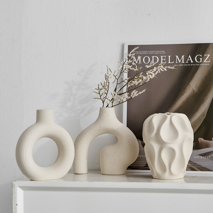 Conjunto de 3 jarrones de cerámica bohemios - Jarrones de capullo de rayas geométricas, forma cilíndrica, decoración minimalista para el hogar para estantes, mesa de café, sala de estar, entrada - No se requieren baterías