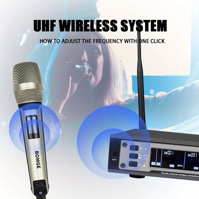 Sistema profesional de micrófonos inalámbricos UHF de 2 canales BOMGE, con 2 micrófonos de mano metálicos multicolor y receptor de frecuencia ajustable, ideal para iglesias, karaoke, presentaciones de DJ, KTV y podcast