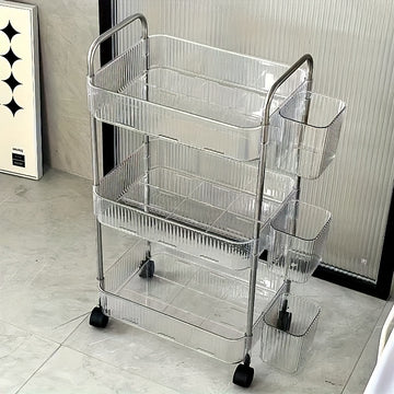 Carrito de almacenamiento acrílico giratorio de 3 niveles, ideal para baño, cocina y sala de estar, caja de pañuelos transparente multicapa con 3 marcos de aleación, diseño giratorio de 360°, carrito portátil, fácil acceso, construcción moderna en plásti