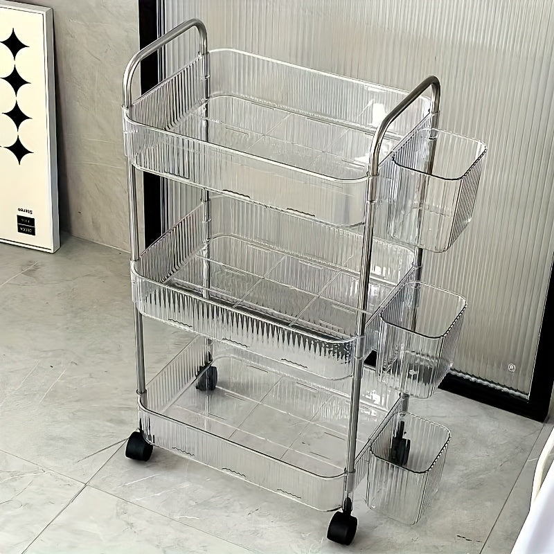 Carrito de almacenamiento acrílico giratorio de 3 niveles, ideal para baño, cocina y sala de estar, caja de pañuelos transparente multicapa con 3 marcos de aleación, diseño giratorio de 360°, carrito portátil, fácil acceso, construcción moderna en plásti