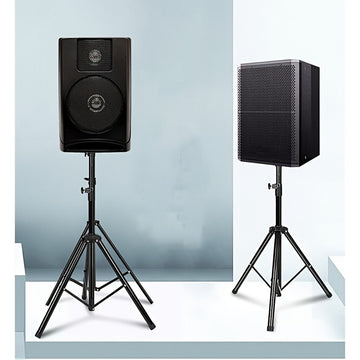 Soporte profesional para altavoces con base de pie y porta tarjetas de metal