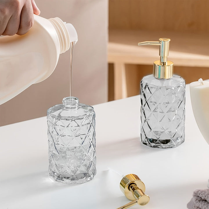 Paquete de 1/2 dispensadores de jabón de vidrio cristalino, 350ml/11oz. Bomba de loción de vidrio transparente, diseño cristalino, jabón de cocina reutilizable, gel de ducha, champú y dispensadores de jabón para manos.