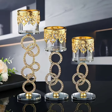 Juego de 3 piezas de soporte de velas de vidrio de cristal, elegante y romántico, con un toque de oro vintage, ideal para decoraciones navideñas, adornos de mesa.