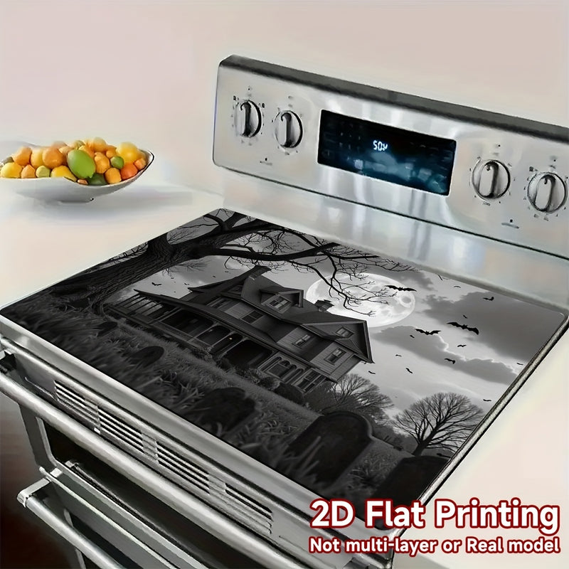 1pc Protector de Estufa para Halloween - Mansión Gótica, Luna Llena, Murciélagos y Tumbas - Cubierta Antirrayaduras Compatible con Cocinas a Gas/Eléctricas - Decoración Fácil de Limpiar para Electrodomésticos, Accesorio Hogareño Temático, Diseño Plano 2D
