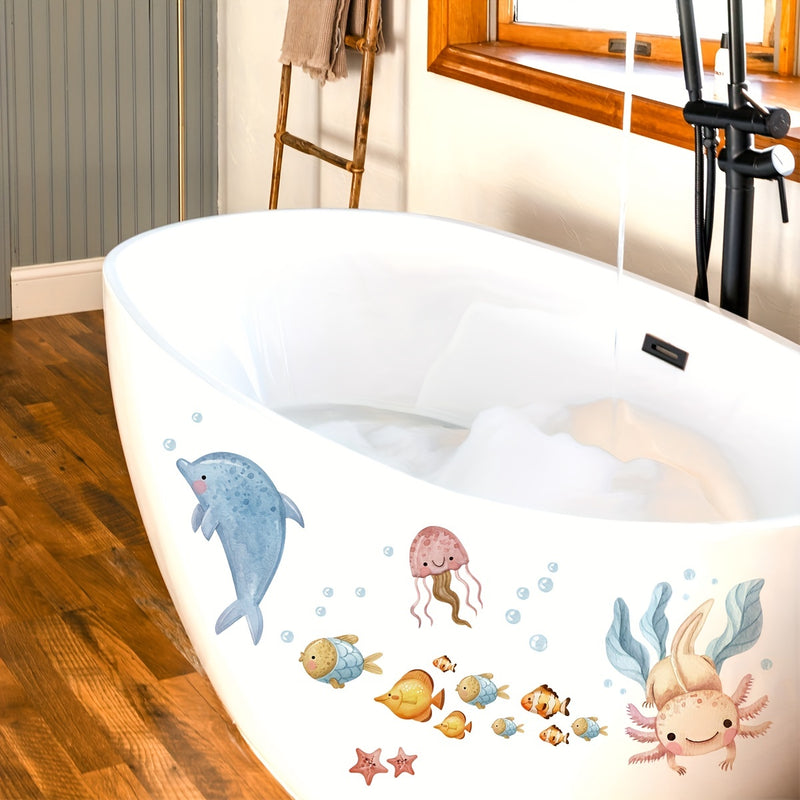 1 Pegatina De Decoración De Hierba De Agua De Animales De Fondo Marino, Pegatinas Decorativas De Animales Submarinos Coloridos Para Bañera, Apliques De Bañera De Plástico