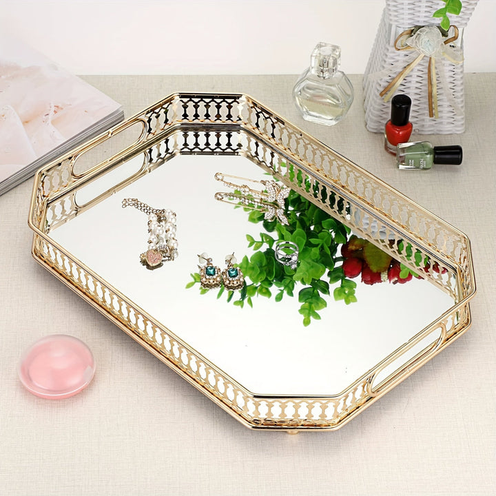 Bandeja organizadora de maquillaje dorada, 1 unidad, bandeja de metal lujosa para cosméticos y perfumes, decoración para baño, tocador o dormitorio