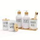 Juego de Accesorios para Baño, Juegos de Accesorios de Plástico para Baño de 6 piezas con Bandeja de Tocador, Dispensador de Jabón, Portacepillos de Dientes, Porta Cepillitos y Bolas con Tapas de Bambú, Estilo Bohemio, Decoración Moderna para el Baño
