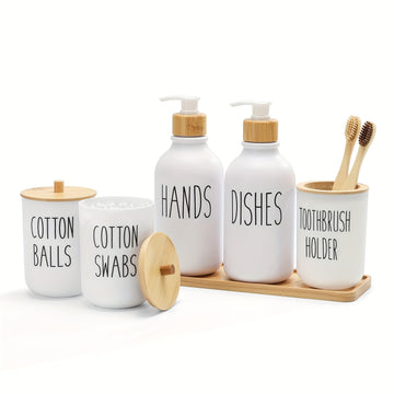 Juego de Accesorios para Baño, Juegos de Accesorios de Plástico para Baño de 6 piezas con Bandeja de Tocador, Dispensador de Jabón, Portacepillos de Dientes, Porta Cepillitos y Bolas con Tapas de Bambú, Estilo Bohemio, Decoración Moderna para el Baño