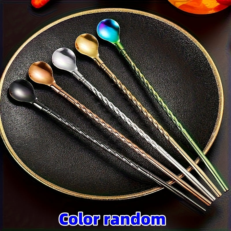 5 piezas de cucharas de té helado y cóctel de acero inoxidable de doble función - Colores de gradiente elegantes, utensilios de cocina y comedor duraderos para el hogar, la oficina y el restaurante, perfectos para reuniones familiares, esenciales para la