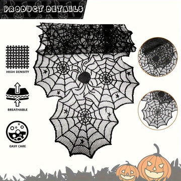 Cubre mesa de encaje para Halloween - Decoración de telaraña para fiestas, 1 pieza, poliéster, negro, ideal para restaurantes, cocinas y eventos festivos