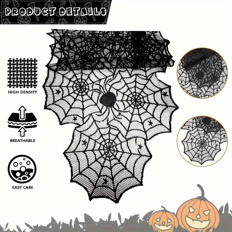 Cubre mesa de encaje para Halloween - Decoración de telaraña para fiestas, 1 pieza, poliéster, negro, ideal para restaurantes, cocinas y eventos festivos