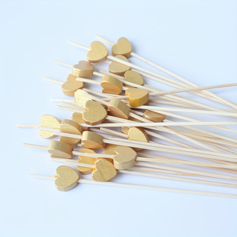 100 Palillos para Aperitivos, Palillos de Bambú para Cócteles, Palillos para Comida en Forma de Corazón, Palillos para Cócteles Cromo Dorado de 4.7 Pulgadas de Largo, Palillos para Frutas, Palillos para Barbacoa para Fiestas de Buffet en Casa y Restauran