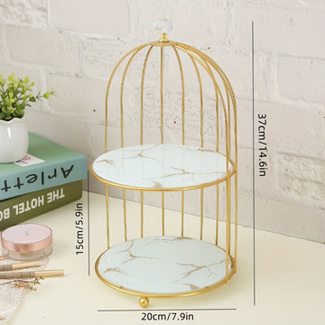 Elegante Soporte para Pastel de Doble Capa con Forma de Jaula de Pájaros - Exhibidor de Postres de Hierro Fundido Dorado para Sala de Estar, Perfecto para Aperitivos, Frutas y Dulces