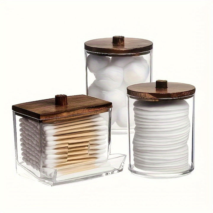 Conjunto de 3 piezas con porta palillos, porta bolígrafos, contenedor para baño, dispensador de cosméticos, recipiente transparente para organizar y almacenar con tapa de madera